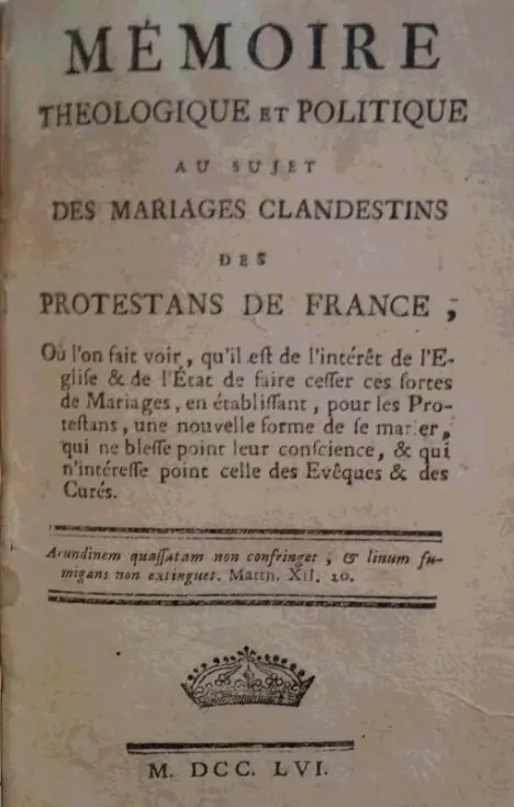 モンクラール『フランス・プロテスタントの秘密婚問題における神学的・政治的意見書』第2版(1756年)表紙